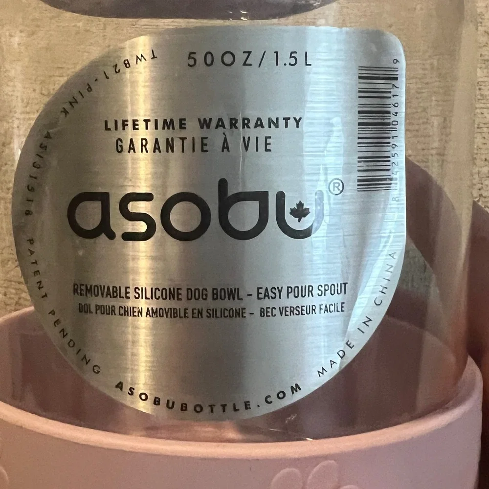 Asobu Dog Starter Water Bottle 50oz 1.5L Pink Removable Silicone Bowl TWB21